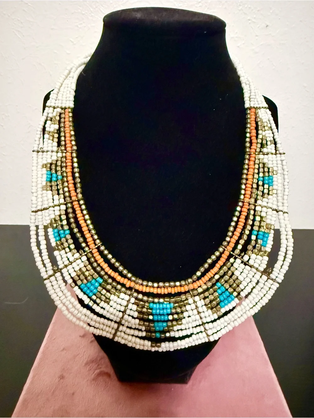 Beautiful Handmade Beaded Statement Necklace in White, Turquoise & Gold